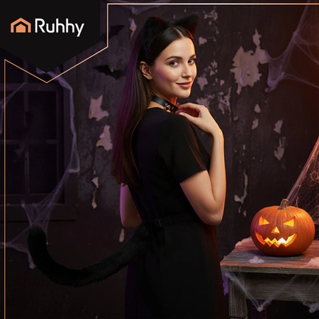 Strój Kota Lisa Wilka RUHHY Ogon Uszy Choker Czarny Przebranie 3w1 Therian