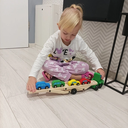 Laweta Ciężarówka Tir Drewniana Składana Zestaw + 4 Auta Autka Samochodziki
