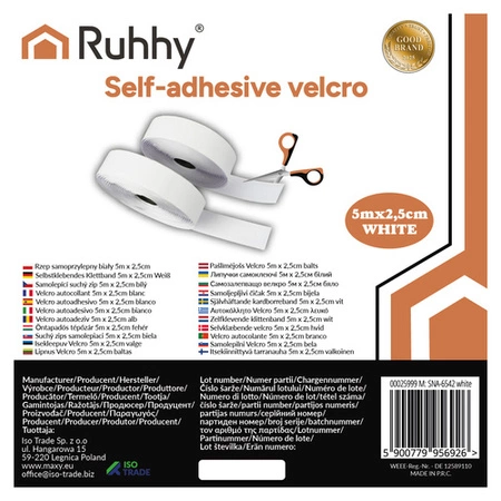 Taśma Rzep Samoprzylepna z Klejem 25 mm Biały 5 mb Zestaw Haczyk Pętelka Ruhhy 25999