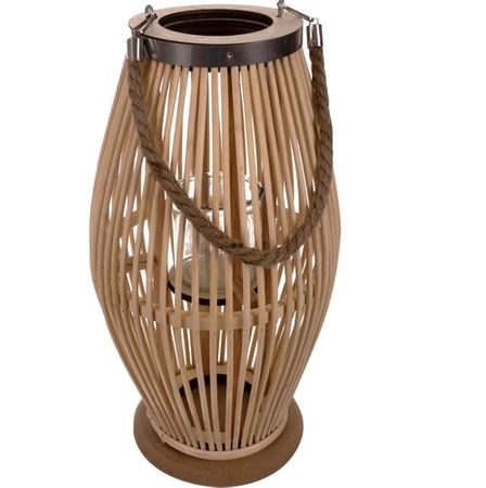 Lampion Bambusowy Drewniany Rattanowy 40cm na Taras ze Szkłem Beż Świecznik