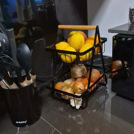 Kosz na Owoce Koszyk Czarny Metalowy i Warzywa 2 Piętrowy Loft Dwupoziomowy RUHHY