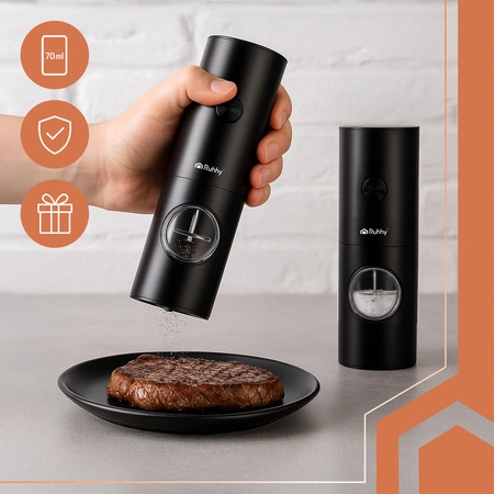 Elektryczny Młynek do Pieprzu i Soli Zestaw 2 szt Ceramiczny Precyzyjny LED Ruhhy 25558