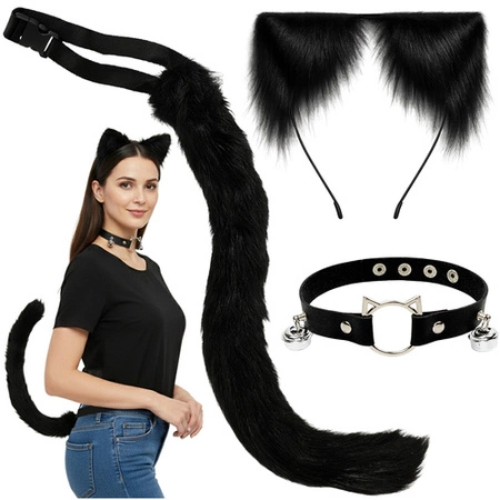 Strój Kota Lisa Wilka RUHHY Ogon Uszy Choker Czarny Przebranie 3w1 Therian