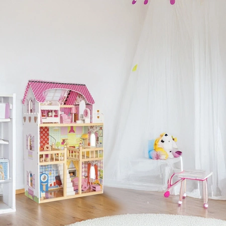 Domek dla Lalek Drewniany Duży + LED Akcesoria Meble Mebelki Zestaw Willa KRUZZEL