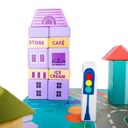 Klocki Miasto Drewniane Auta Zestaw + Puzzle Mata 115 Klocków Edukacyjne KRUZZEL