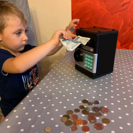 Sejf Skarbonka na PIN Banknoty Bankomat Monety + Kod Wpłatomat dla Dzieci KRUZZEL