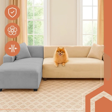 Pokrowiec na Narożnik Kanapę Leżankę Beżowy Welur Elastyczny 145 - 185 cm Ruhhy 26031