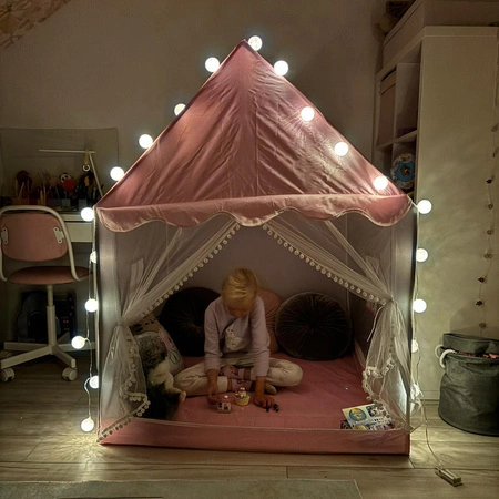 Namiot Domek dla Dzieci Zamek Pałac do Pokoju Ogrodu Domu + Lampki LED Róż KRUZZEL