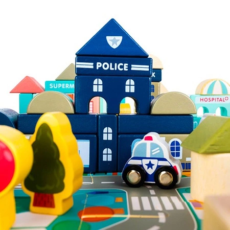 Klocki Miasto Drewniane Auta Zestaw + Puzzle Mata 115 Klocków Edukacyjne KRUZZEL